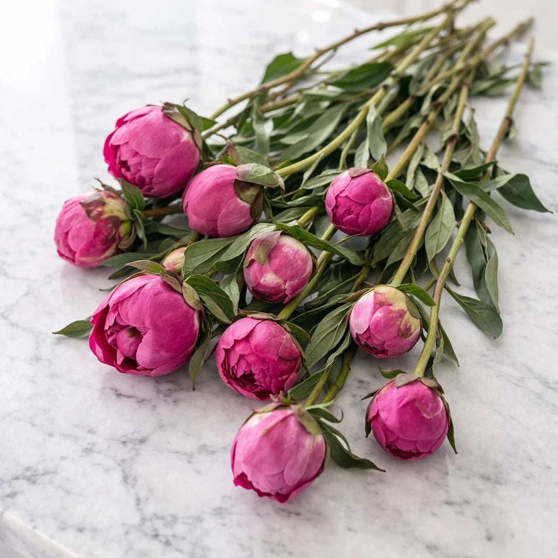 Stems of pink peonies on a marble surface